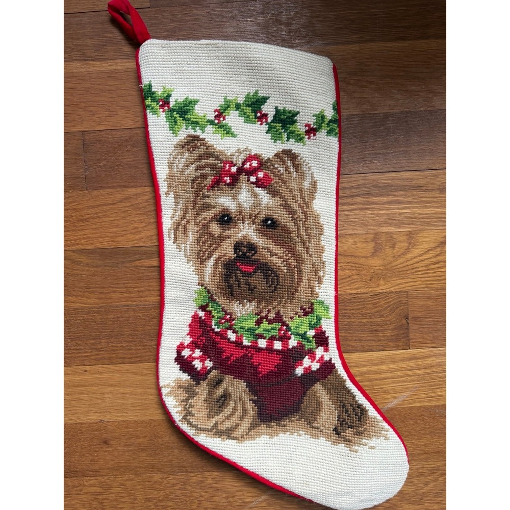 Vintage Needlepoint Christmas Stocking Yorkshire Terrier Yorkie Holly